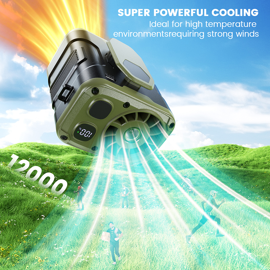 Ventilador de cintura portátil de 10000mAh con banco de energía, iluminación LED, ventilador de cuello colgante, ventilador de refrigeración de flujo de aire fuerte de 5 velocidades para trabajo al aire libre
