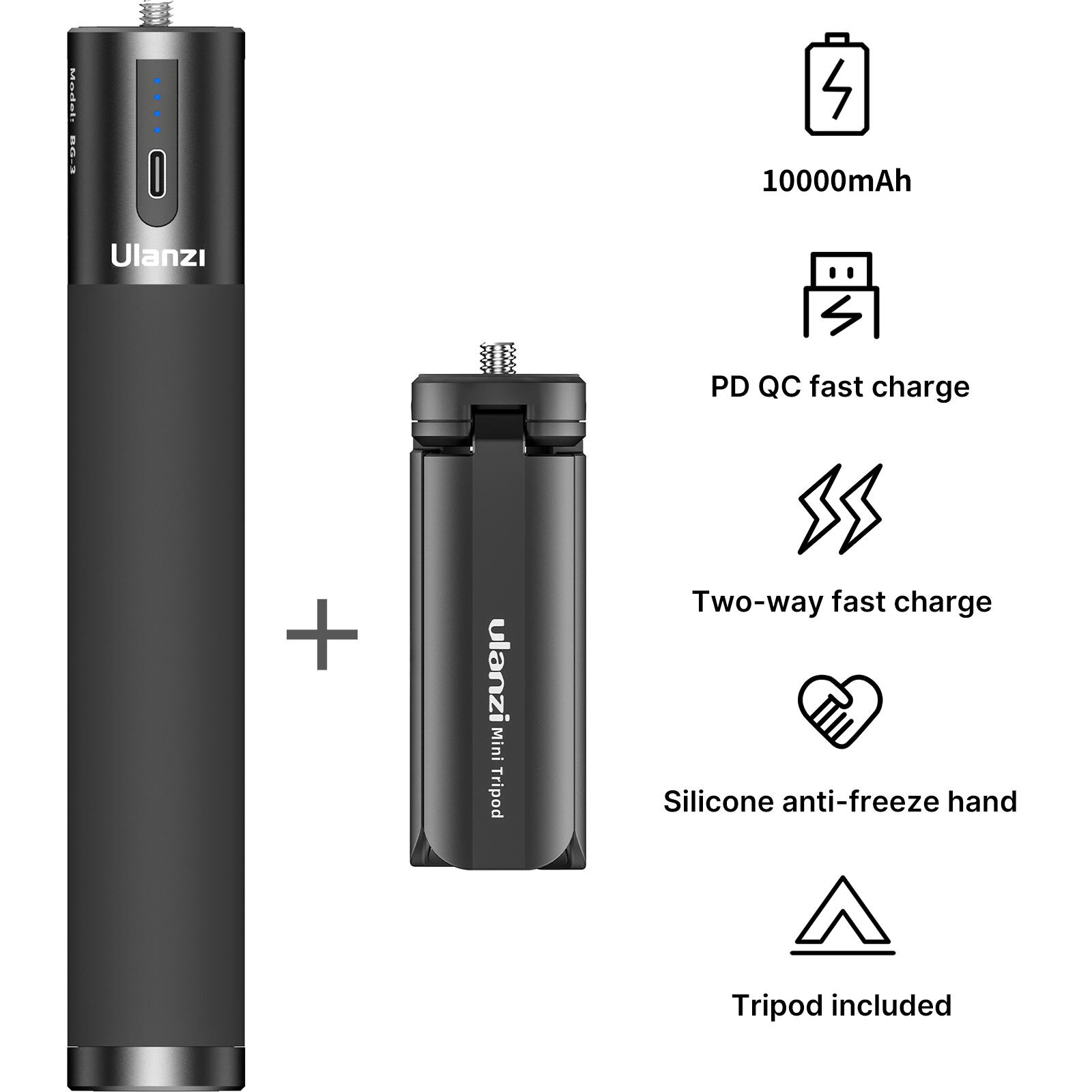 Ulanzi BG-3 Power Bank Hand Grip 10000mAh USB-A Type-C Dual Charging Ports with Mini Tripod for Smartphone Camera