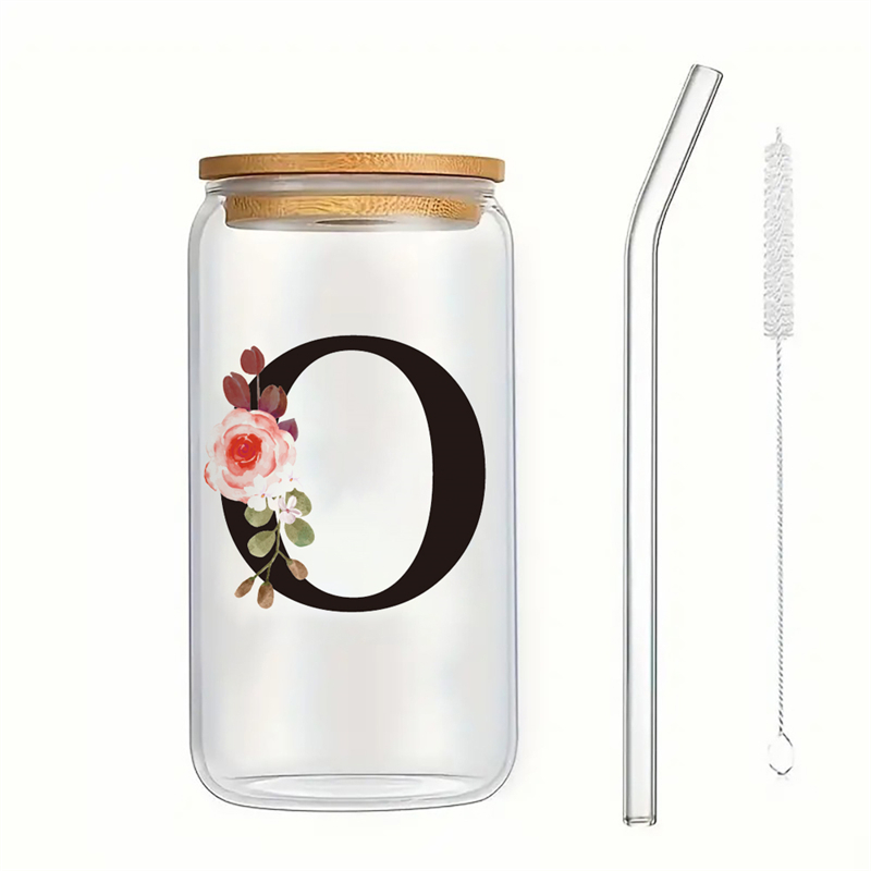 Alphabet Flowers Drinking Glass Letter A-Z Iced Coffee Water Juice Bottle Portable Clear Cup with Lid Straw Brush Birthday: VIOLET/紫罗兰