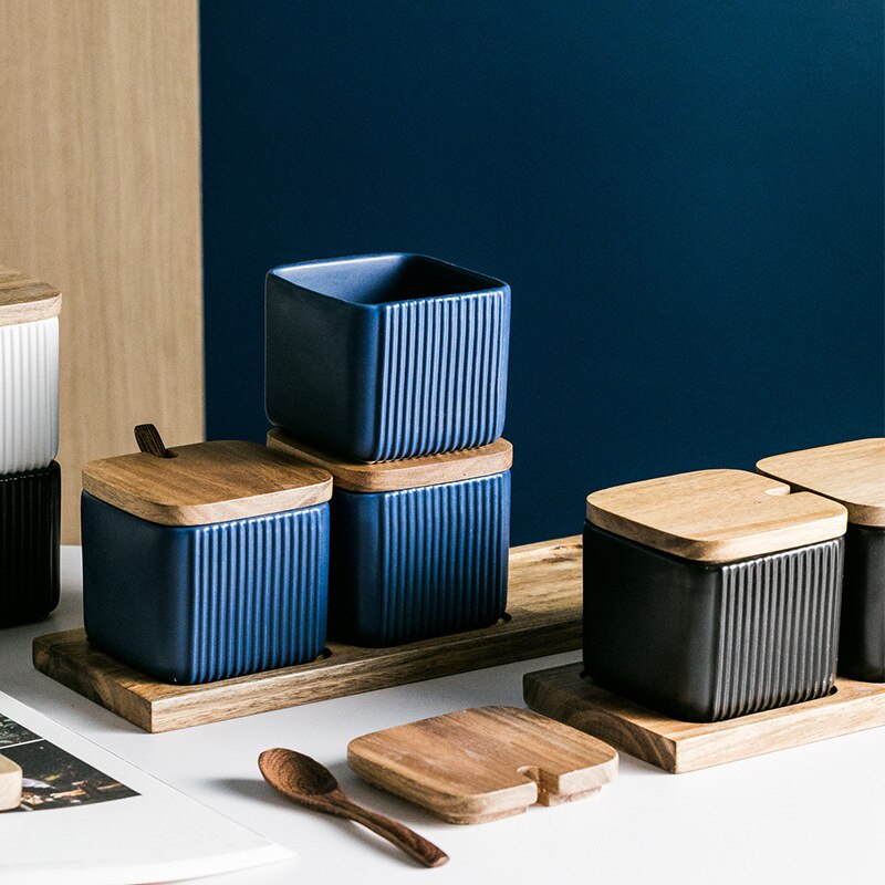 Ceramic Jars with Bamboo Lid Kitchen Cereal Dispenser Multi-function Heat Resistant Spices Containers Bottles with Tray
