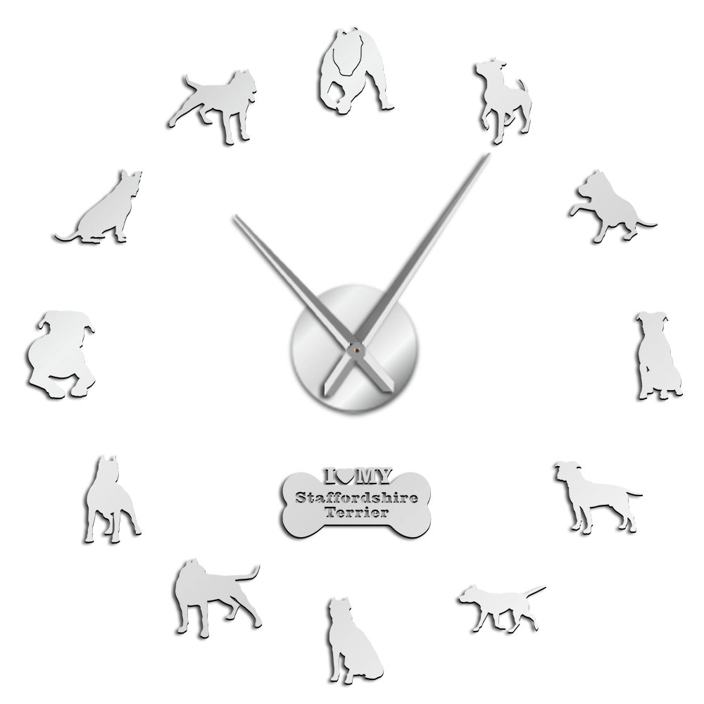 American Dog Breed Decorative 3D DIY Wall Clock American Staffordshire Terrier Home Clock With Mirror Numbers Stickers: Silver / 47inch