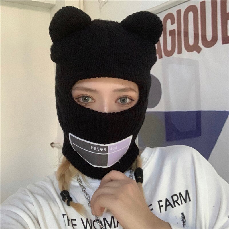 Bear Ear Balaclava Hat with Ear Cute Full Face Cover Ski Mask Beanies for Women 1 Hole Windproof Warm Streetwear Knitted