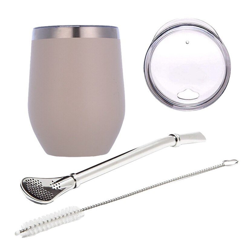 Double-Wall Stainless Yerba Gourd Mate Tea Set Water Mate Tea Cup with Lid Spoon Straw Bombilla Head Filter Brush: Khaki