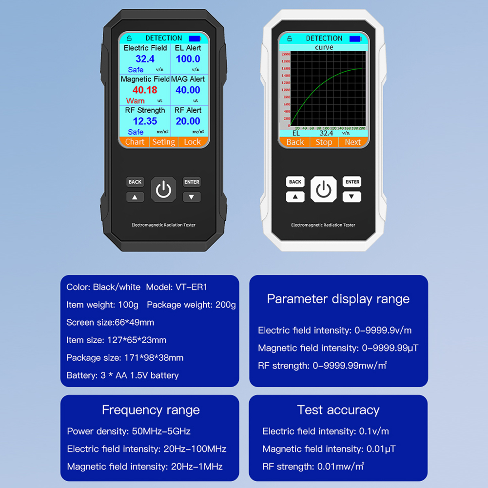 Rilevatore di radiazioni elettromagnetiche schermo a colori retroilluminato misuratore EMF campo elettrico campo magnetico Tester di radiazioni RF allarme sonoro