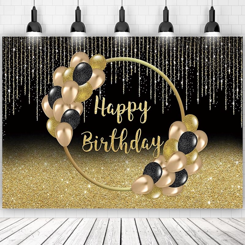 Happy Birthday Backdrop Banner Black Gold Balloon Star Poster Booth Backdrop Birthday photo Background Wall Party Decoration