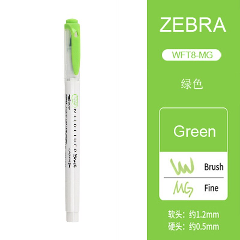 1 szt. Zebra WFT8 series dwugłowicowy fluorescencyjny marker (szczotka miękka końcówka + cienka końcówka końcówki) WKT7 ten sam kolor akwarela długopis do malowania: green