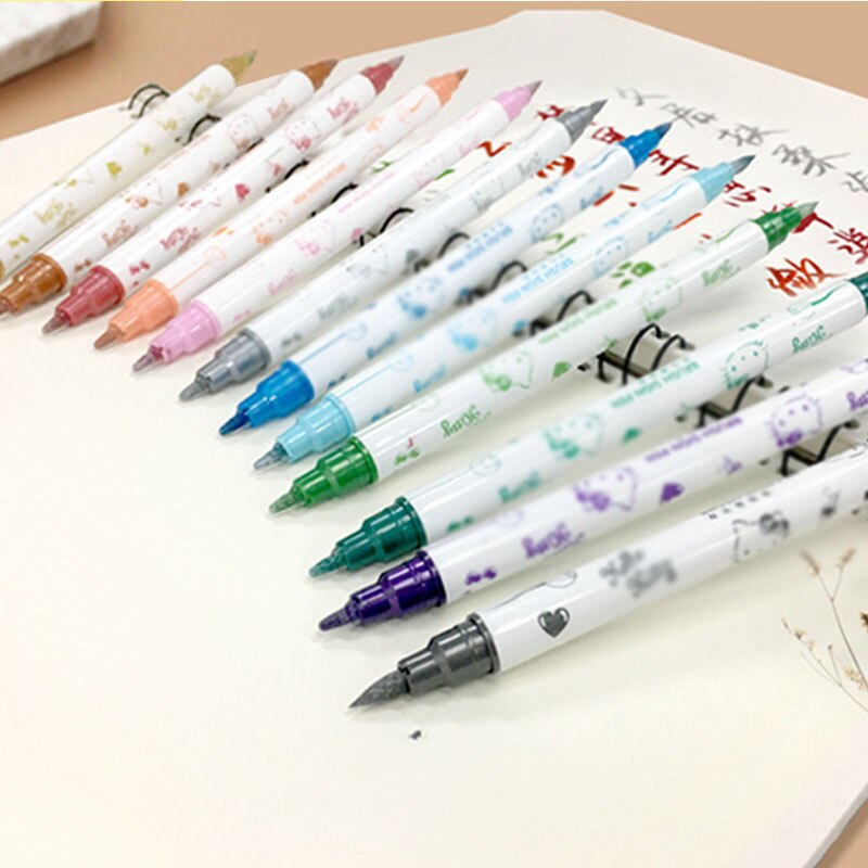 48 Stks/partij Leuke Kat Markeerstift 12 Kleuren Dubbele Hoofd Fijne Fluorescerende Marker Liner Tekening Pennen Kantoor Schoolbenodigdheden