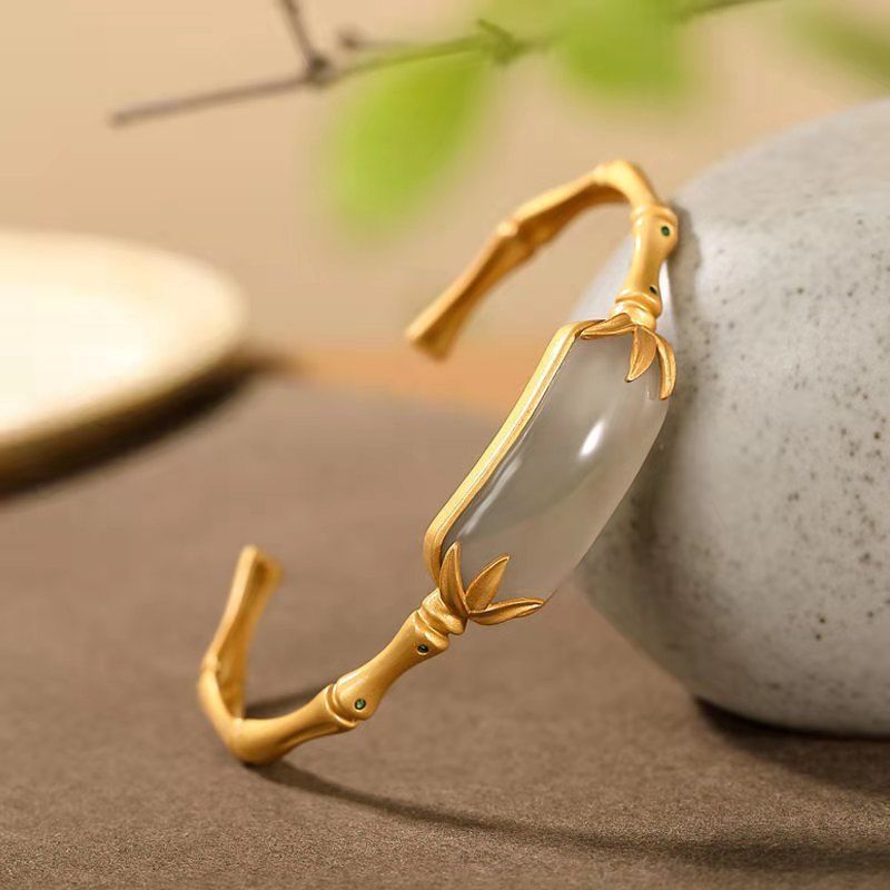 925 srebro pozłacane Hetian jadeit klasyczny bambusowy styk otwarcie bransoletki