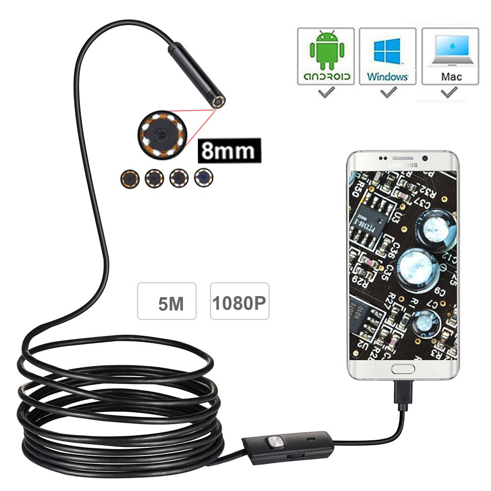 FUERS 8mm Endoskop Kamera 1080P USB Endoskop 6 LED 1/1.5/2/3.5/5M Sanft/schwer Wasserdicht Inspektion Endoskop für Android PC