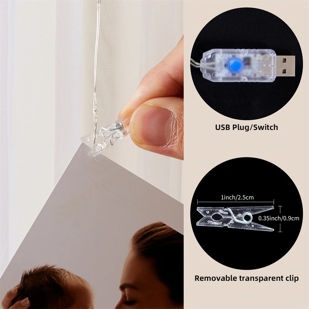 Guirnaldas de cortina con Clip para fotos, LED USB con 20 ganchos, 8 modos de luces para pared, dormitorio, , boda, decoraciones navideñas DIY