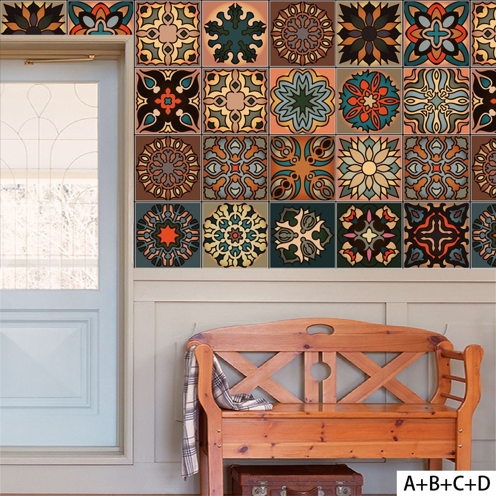 Arabic Retro Tiles Stickers PVC Vinyl Waterproof Self Adhesive Wall Sticker for Kitchen Bathroom Vintage Wallpaper Contact Paper