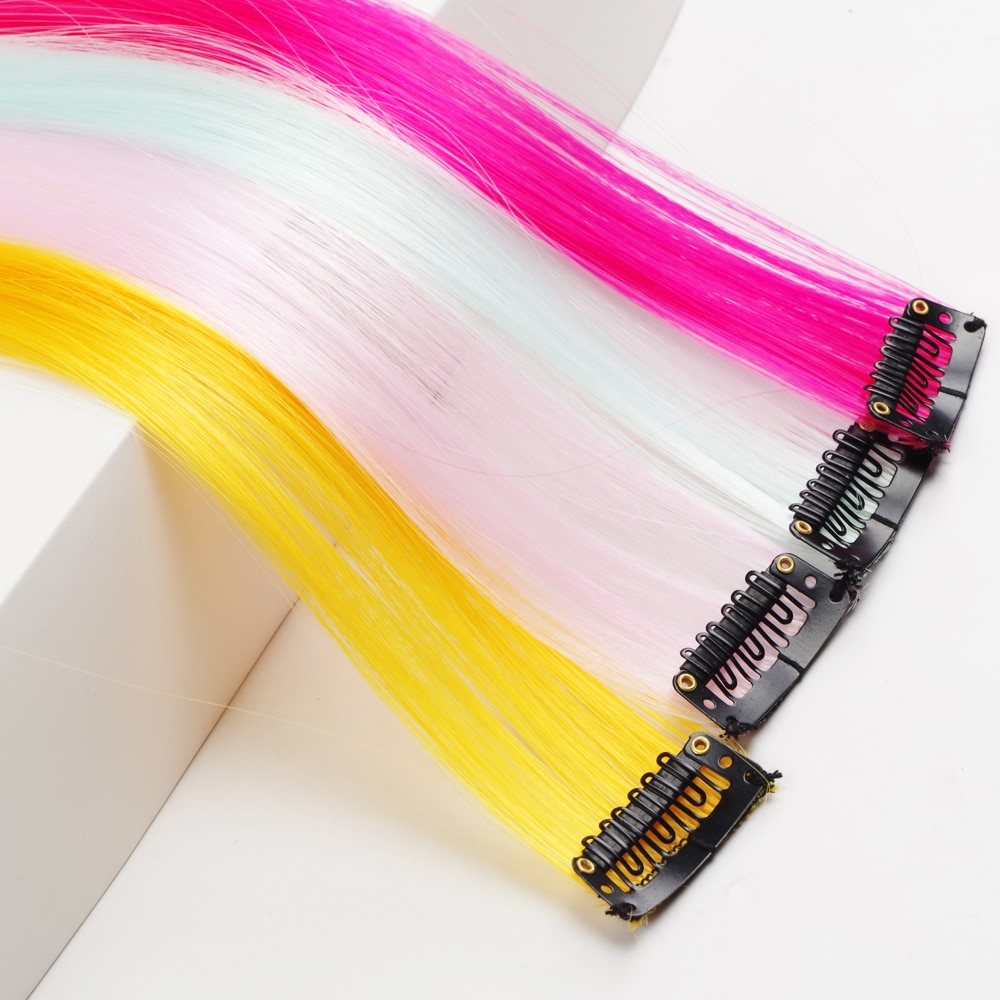 Extension synthétique longue lisse 20 pouces-Sallyhair | Postiche à pince une pièce rose jaune bleu violet pour femmes