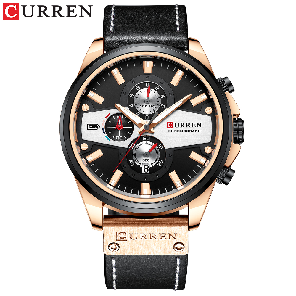 Curren Casual Horloges Voor Mannen Creatieve Chronograaf Horloge Lederen Quartz Klok Man: black