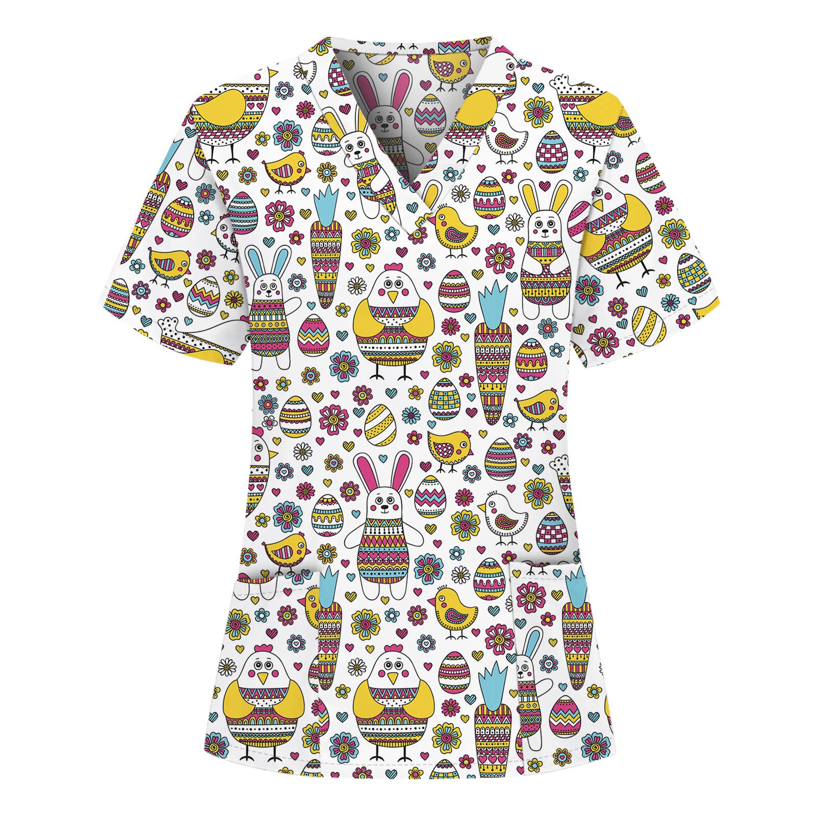 Femmes Clinique Blouse À Manches Courtes V-Cou Blouse Fleur Imprimé Travail Uniforme Blouse Salopette Vêtements Décontractés: WHITE / XXL