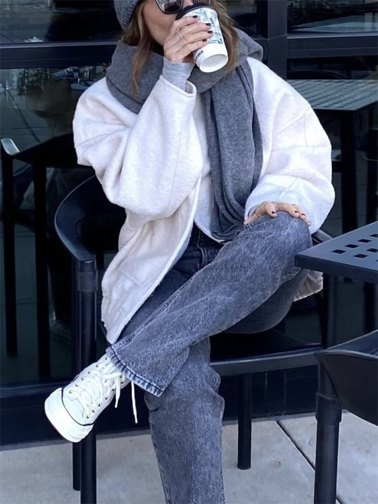 Woman Loose Gray Warm Baseball Jacket Spring Casual Oversized Bomber Jacket Girls Vintage Thick Warm Outwear