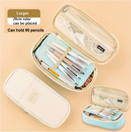 Simple pencil case high capacity primary and students pencil case stationery case: Green Beige Larger