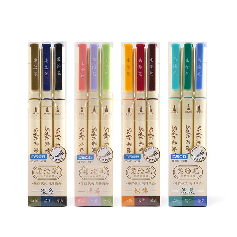3pcs Four Season Colors Soft Brush Sign Pen Set Fine Tip Liner Drawing Calligraphy Hand Lettering Paint School Art F335