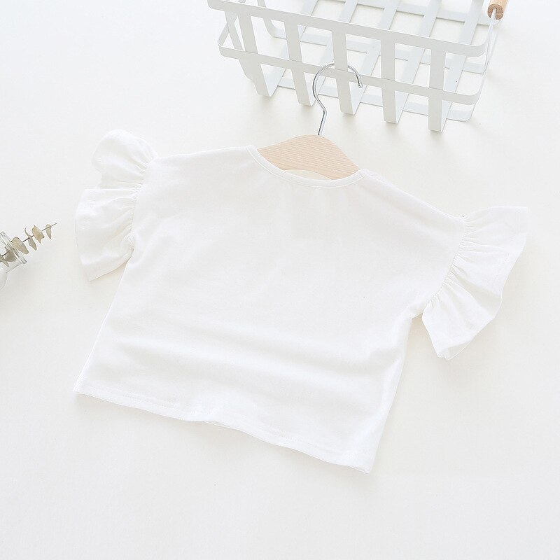 Zomer Meisje Katoenen Casual T-Shirt Effen Kleur Korte Ruffle Mouwen Stijl Baby Kinderen Pasgeboren Meisjes Sweatshirt Tops