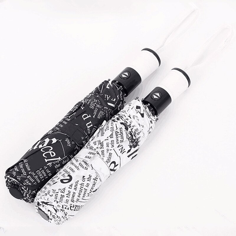 Fully Automatic Upscale Three-Folding Retro Style Printing Umbrella Black and White Newspaper Printing Sunscreen Folding Umbrell
