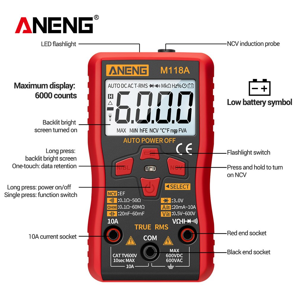 Aneng High-Precision Automatic Range Multimeter, Multi-Function Small Electrician Instrument Digital Universal Meter M118A