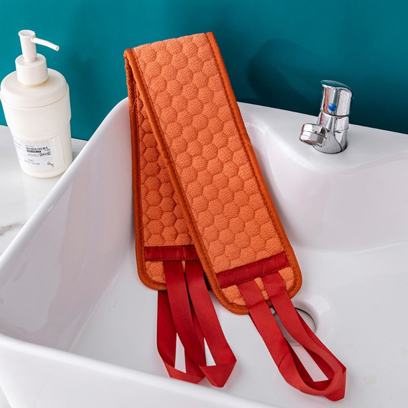 Kaksipuolinen pitkä takaisinvedettävä nauha kylpy hankauspyyhe ympäristöystävällinen helppokäyttöinen syväpuhdistava kuoriva selkäkuorinta näyttelyyn