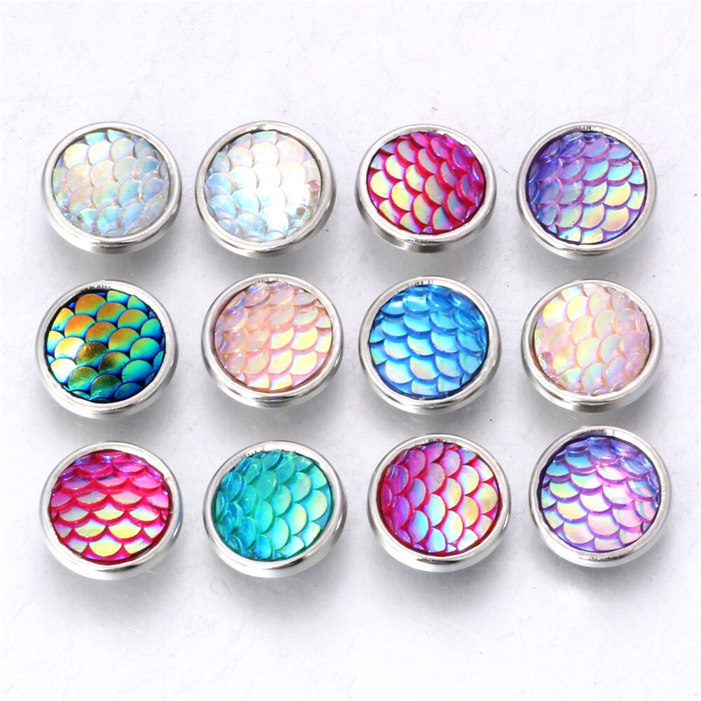 10pcs/lot Mixed Color 12MM Random Fish Scale Resin Snap Button For Women Fit 12mm Snap Bracelet Bangle Earrings Necklaces