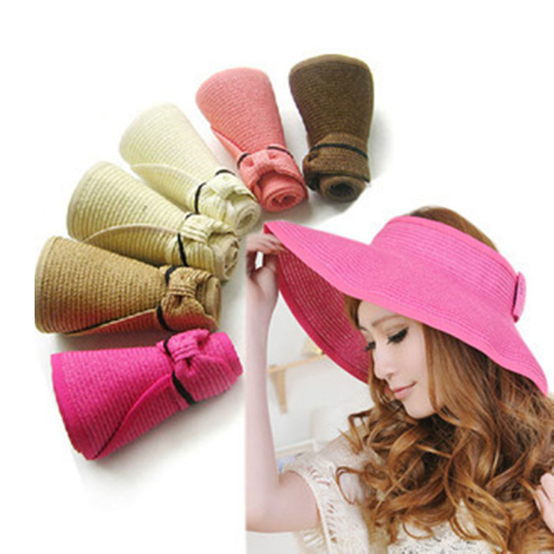 Chapeau de soleil pliable à Large bord pour femmes, casquette à nœud papillon, de plage, de , d'été, 13 couleurs,