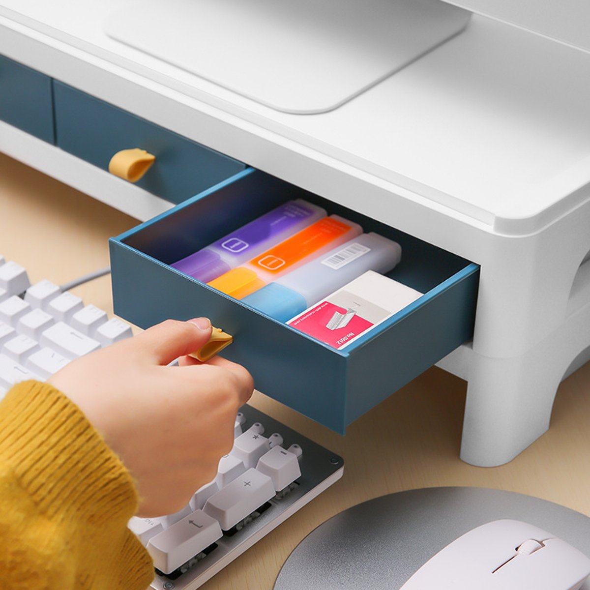 2Tiers Monitor Riser Stand Desk Shelf with Drawer Keyboard Storage Stylish White Pen-Books Stationery