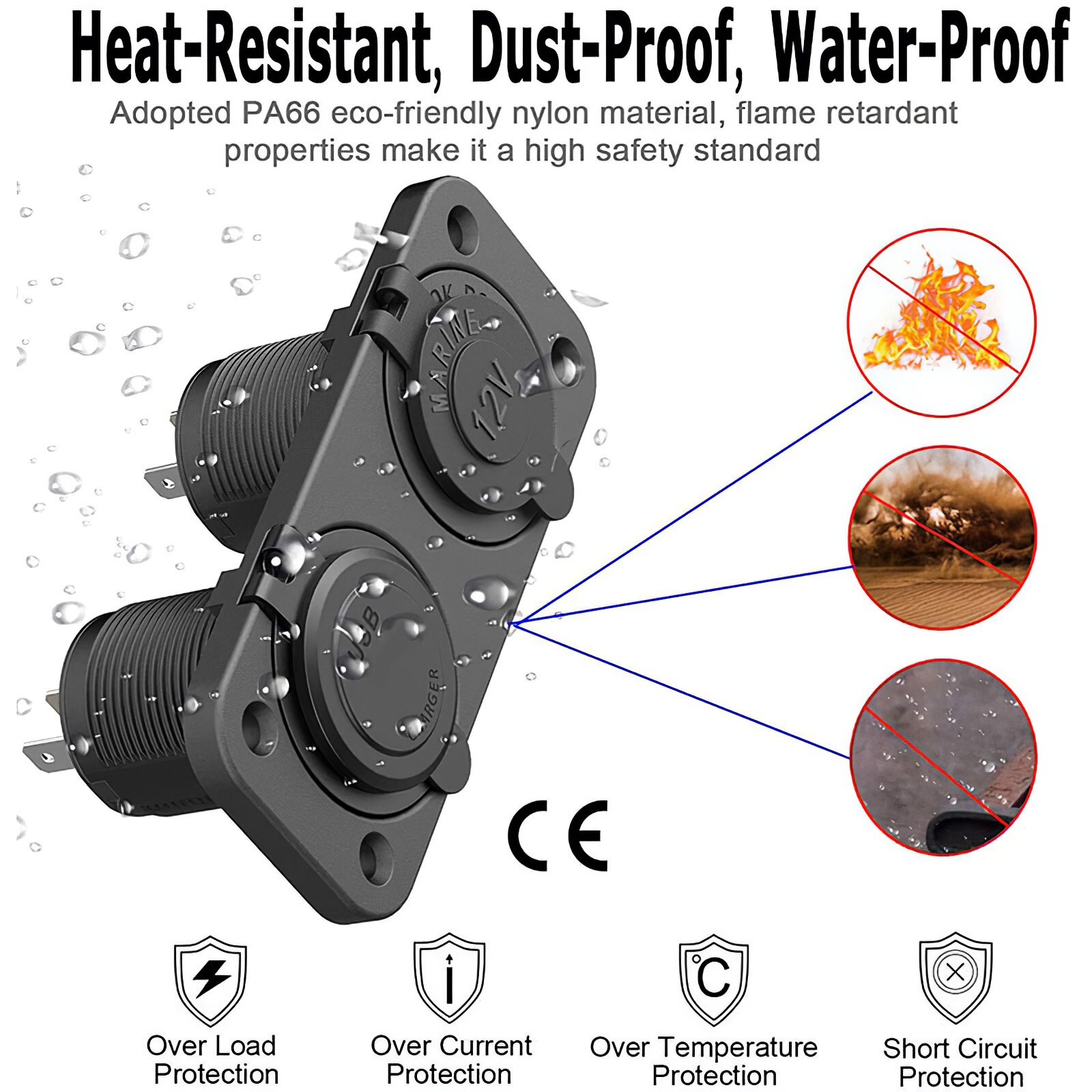 Onever 12V Cigarette Lighter Socket Waterproof Dual Usb Socket Panel Power Socket Led Display QC3.0 Fast Charger Socket