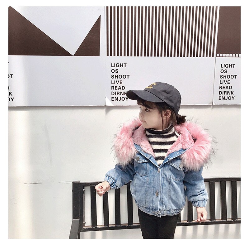 Baby Winter Jas Bontkraag Denim Jas Voor Peuter Jongens Meisjes Mode Warme Katoenen Jas Voor Kinderen Kinderen Dikker Kleding: 088-pink / 6T suit 110cm