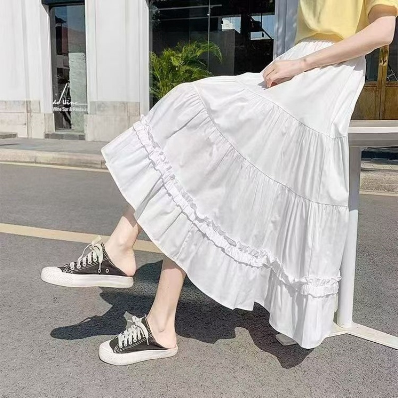 Casual Vintage Women Skirt Matching Chic Lady's White Skirt Sweet Girl's Cake Skirt Elastic Waist A-Line Mid Length Flare Skirt