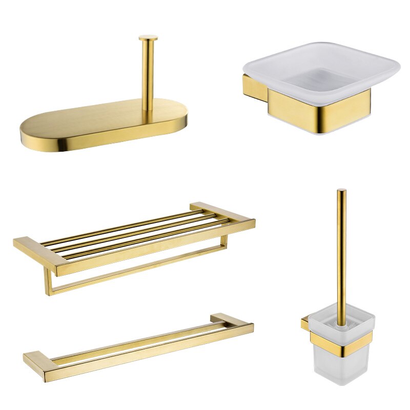Bathroom Accessories Brushed Gold Toothbrush Holder Metal Wall Toilet Roll Paper Holder SUS304 Stainless Steel Bath Set Hooks