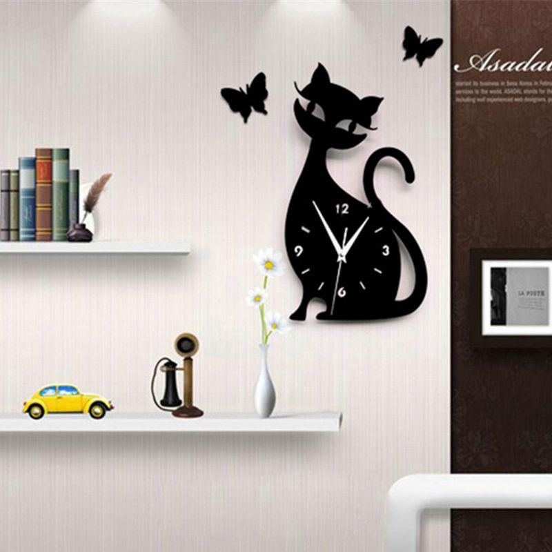 Acrylic Mirror Wall Clock Cartoon Cat Pointer Clock Watch Office Living Room Wall Mounted Clocks Decoration часы настенные