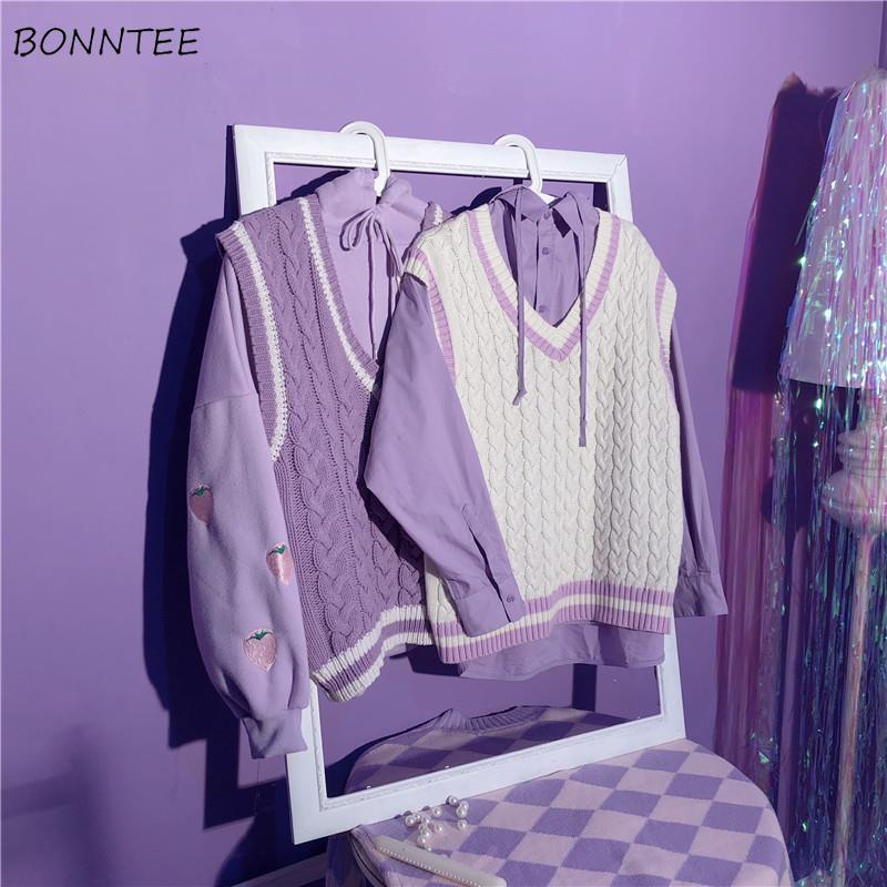Sweter kamizelka kobiety piękne fioletowe koreańskie popularne dekolt w serek nastolatki skręcony sweter cały mecz jesień moda Femme bez rękawów dzianiny