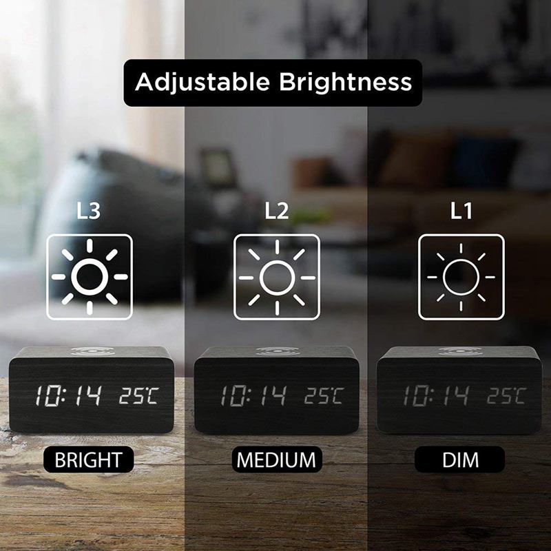 Houten Wekker Met Qi Draadloze Opladen Pad Compatibel Met Voor Iphone Samsung Hout Led Digitale Klok Geluid Controle Functio