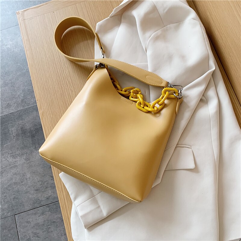 Solid Color PU Leather Bucket Bags For Women Small Chain Shoulder Simple Crossbody Handbags Female Travel Bag: Yellow