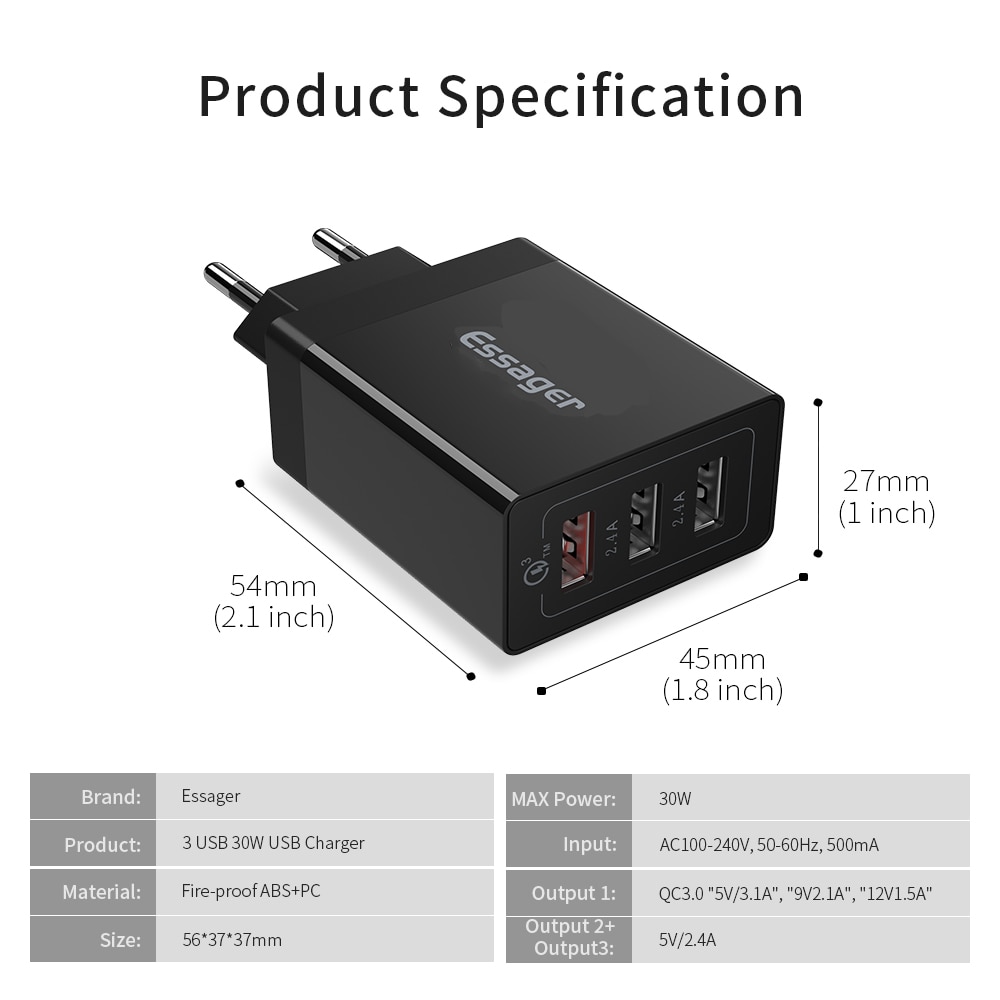 Essager 30W USB Charger QC3.0 QC 3.0 Fast Charging Multi Plug Mobile Phone Charger Wall Adapter For iPhone Samsung Xiaomi mi