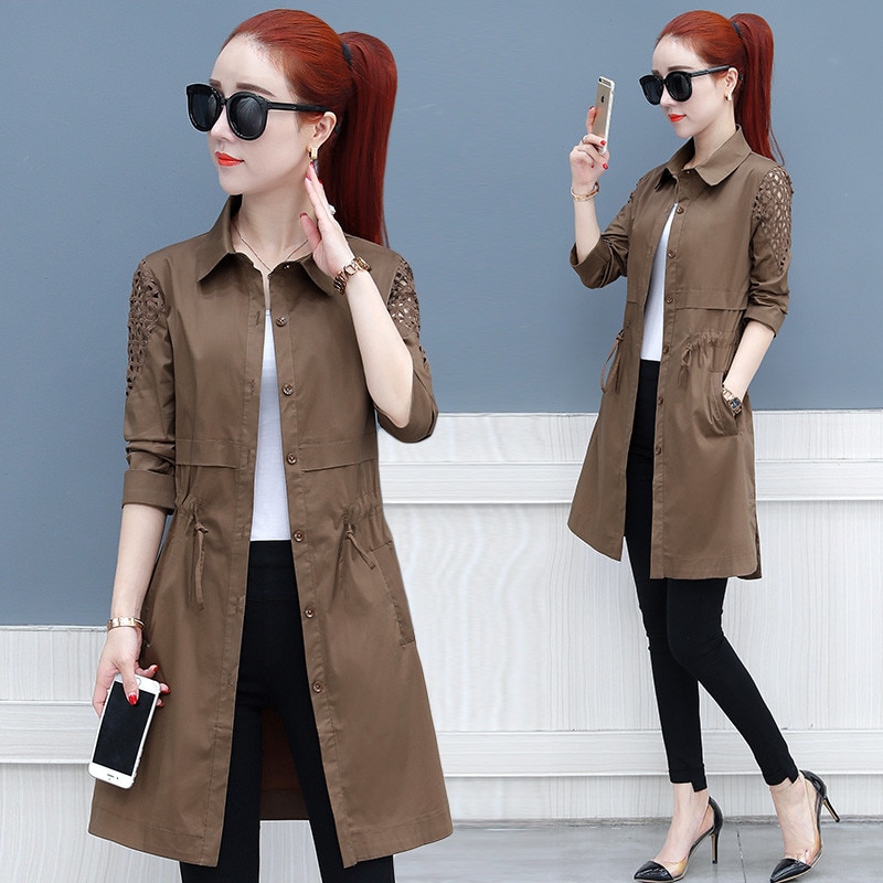 Våren trenchcoat damkläder lös enkelknäppt tunn kappa medellång vindjacka slim-fit genombrutna kvinnliga toppar  j180