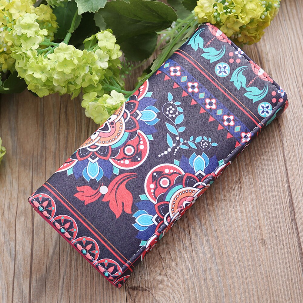 Retro kvinner skinn lang lommebok kortholder telefonveske etui med blomstertrykk clutch veske dame håndveske myntlomme: B