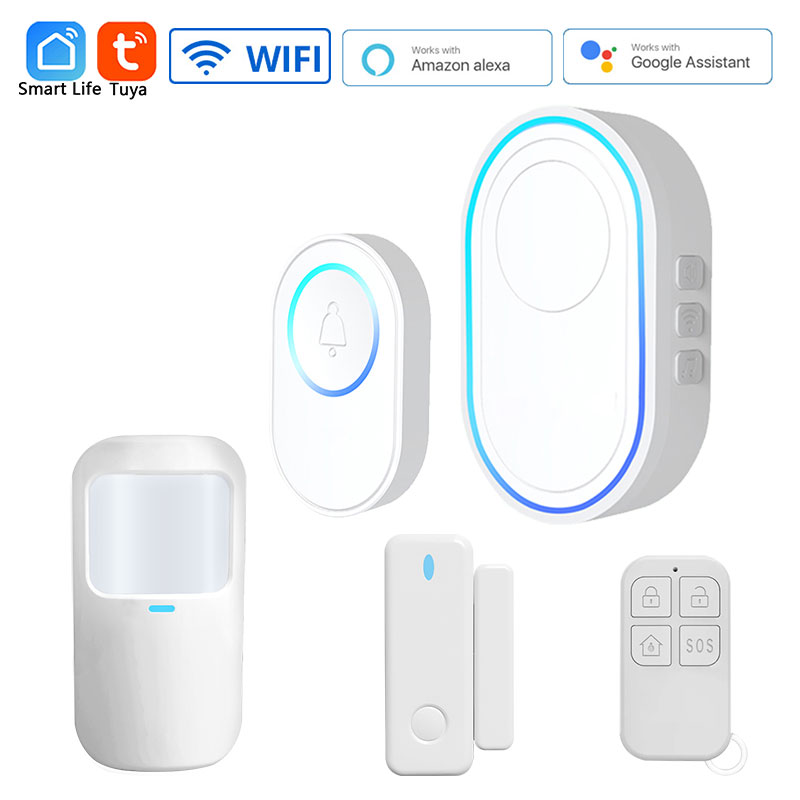 Wireless WiFi Doorbell Tuya Smart Home Security Alarm System Connect 433MHz Detector Alert Mode Welcome Doorbell LED Lights Kit: GRAY