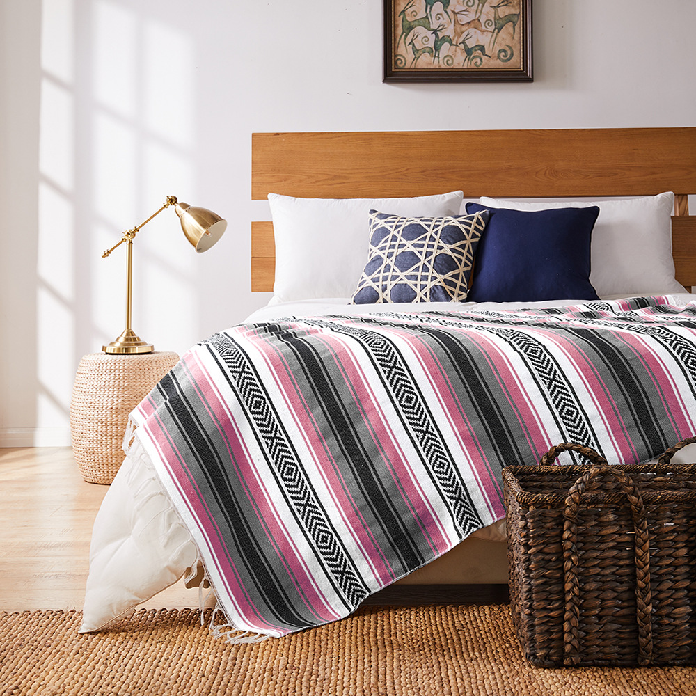 Couverture de plage de Style mexicain 130x170cm, serviette tissée à la main avec pompons, tapis pour canapé-lit, tapis de pique-nique à la maison, nappe rayée: Rose
