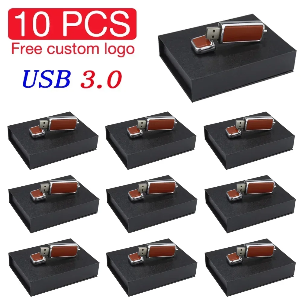 Unidad Flash USB 3,0 de cuero de alta velocidad, 128GB, 64GB, logotipo impreso personalizado gratis, memoria Flash, caja de de cumpleaños, 10 Uds.: Rosa / 4 GB