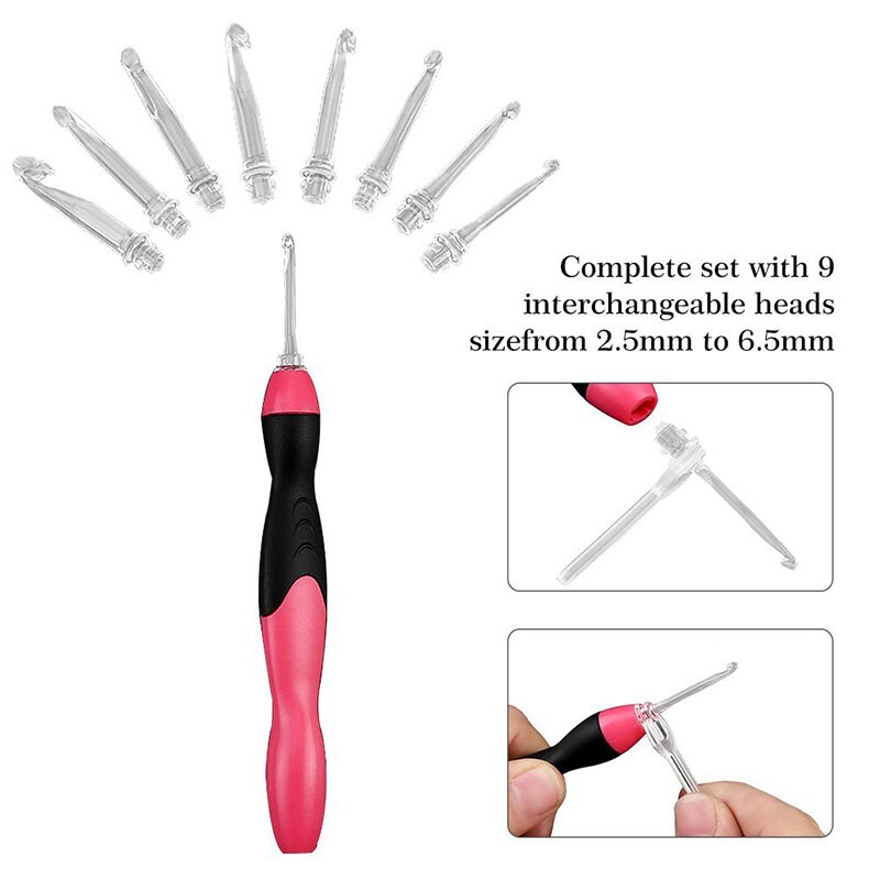 Crochet lumineux LED avec chargeur USB, Crochet de 9 tailles, éclairage d'urgence, aiguilles à tricoter, Crochet supérieur remplaçable, outil de couture