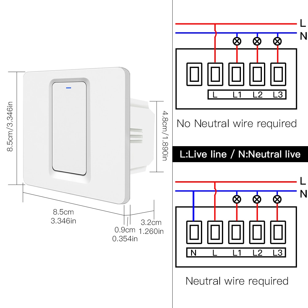 Interruptor de pared inteligente con control por aplicación móvil, pulsador de luz sin cable neutro, necesario N + L, compatible con Tuya, Zigbee, Alexa y Google Home