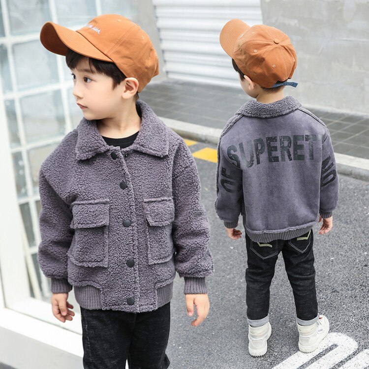 Boys jacket spring and autumn baby plus velvet thickening fur one children's clothing Yangqi lamb hair winter clothing