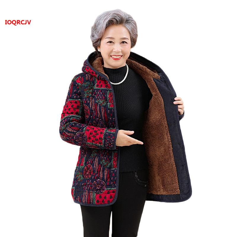 Plus size oudere vrouwen winterjas met capuchon warm plus fluweel dikke katoenen jas oma losse bedrukte winterparka bovenkleding