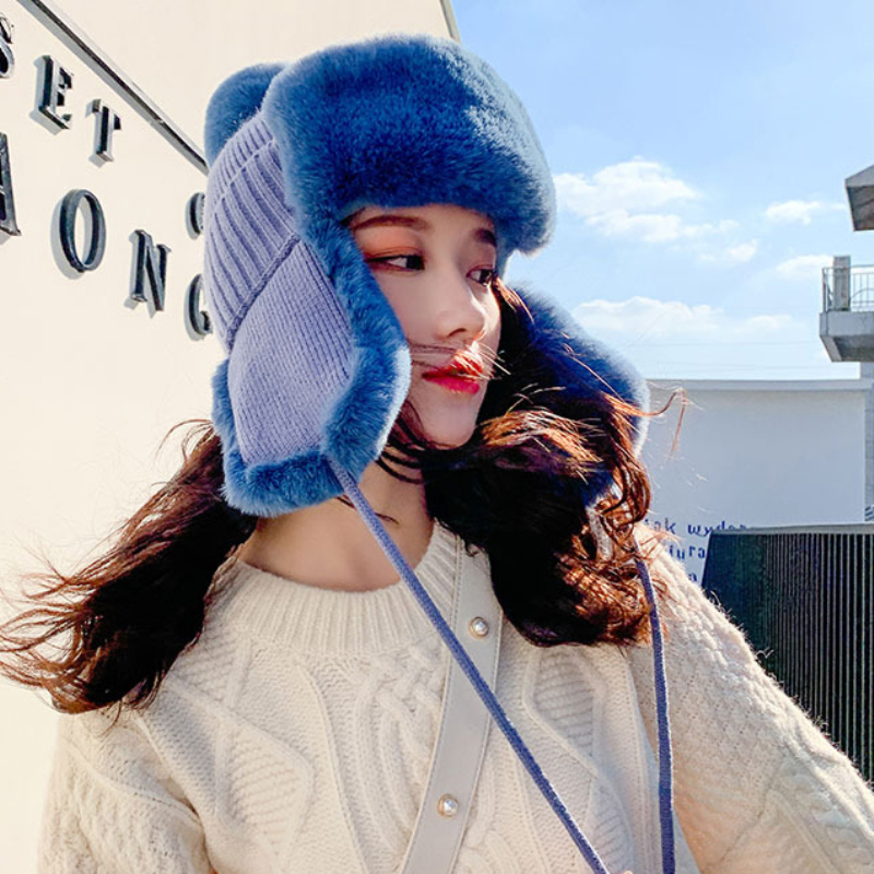 Ht2845 tjocka varma stickade mössor dam solid rysk päls mössa dam snö skidfångare öronlapp keps kvinnlig bomber hatt varm rysk keps: Blå