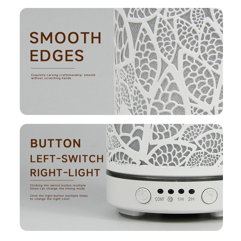 100 ml Diffusor für ätherische Öle, hohles Blatt, Ultraschall-Luftbefeuchter, Heimduft-Aroma-Diffusor mit 7 LED-Farbwechsellicht