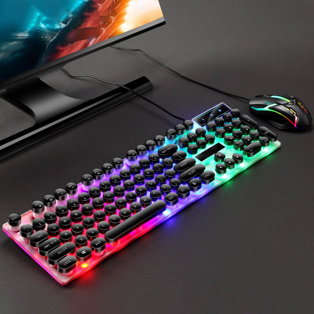 Gaming tastatur led lys usb kablet 104 taster sort/hvid tastatur og optisk mus combo til windows android ios til gamer