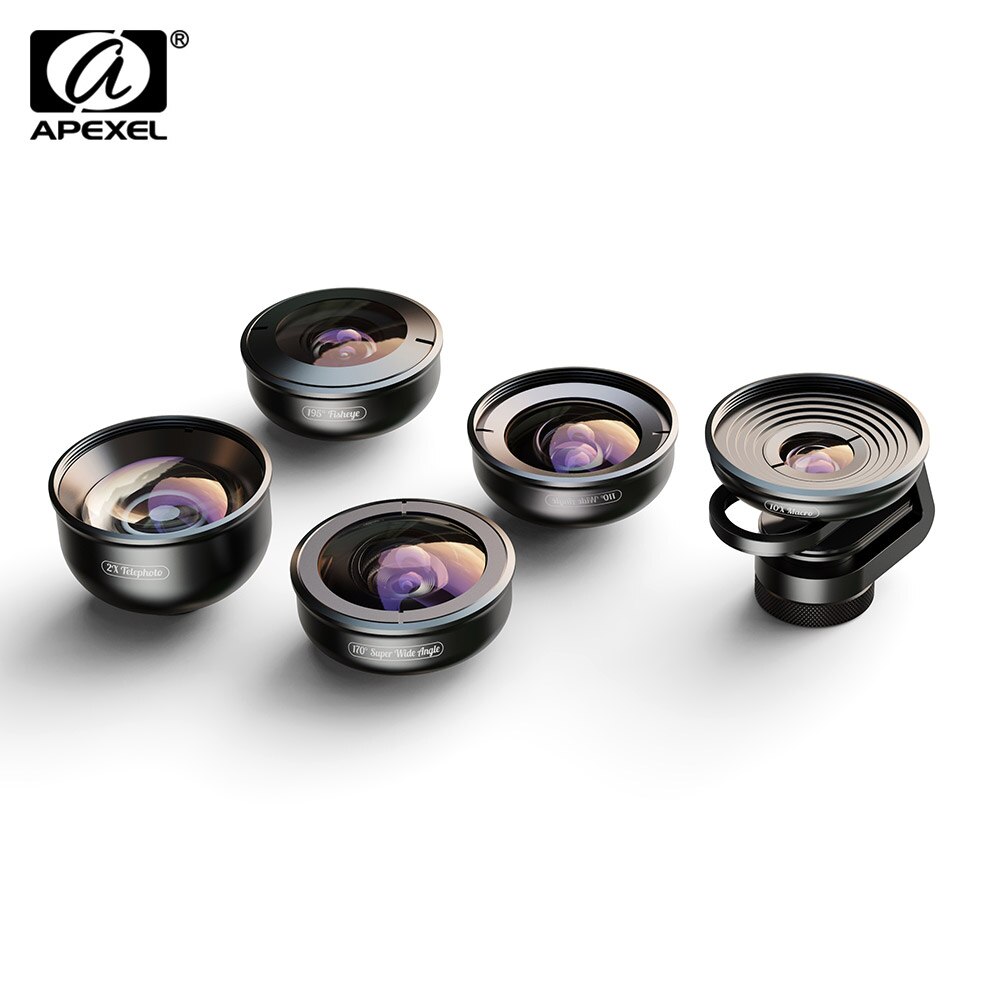 5in1 Hd Mobiele Telefoon Lens Set Fisheye 110 ° Groothoek 170 ° Super Groothoek 10x Macro-2x telelens 195 ° Lens Voor Iphone